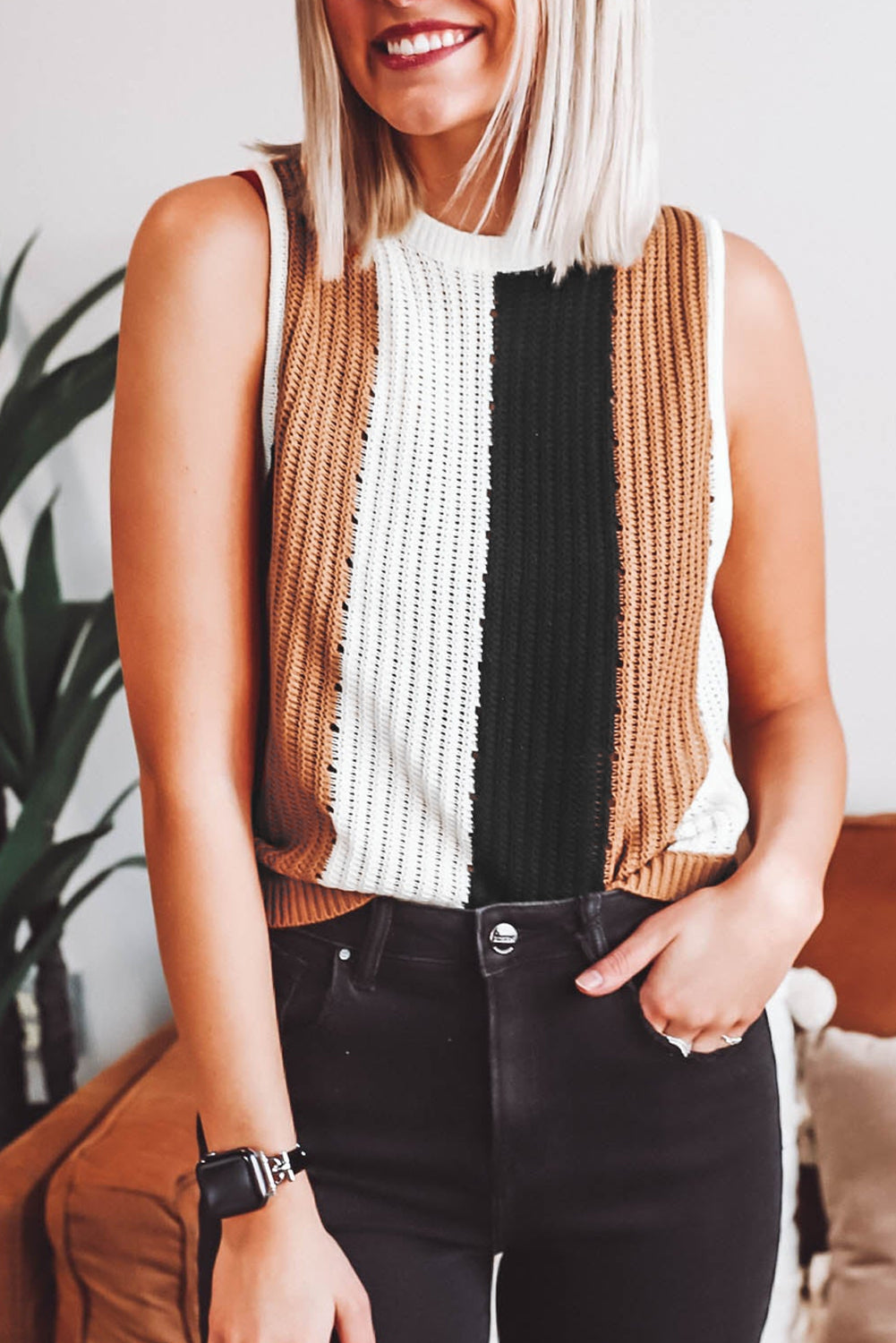 Khaki Stripe Color Block Sleeveless Sweater