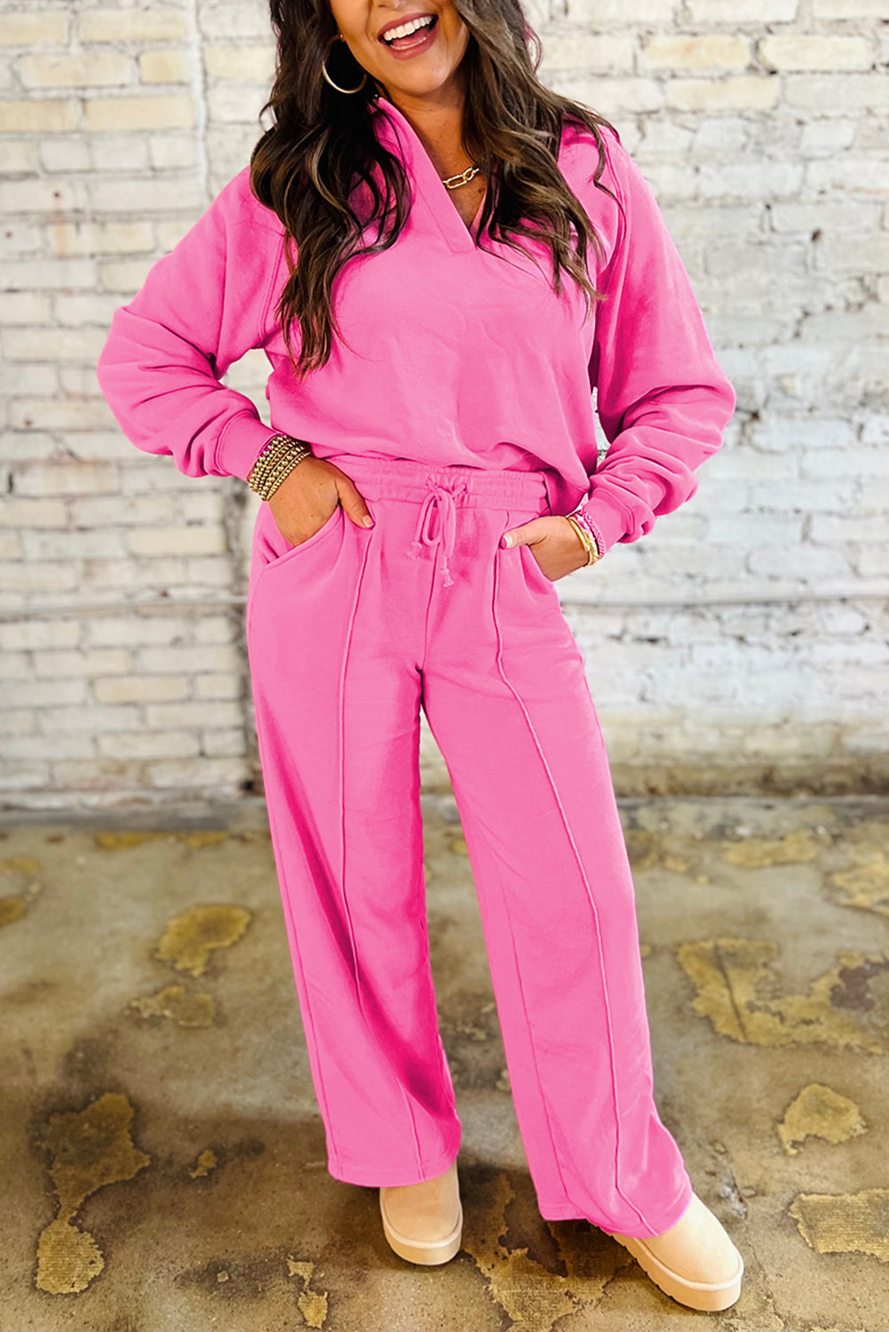 Wisteria Solid Color Collared Pullover and Central Seam Pants Set Sachet Pink 65%Polyester+35%Cotton Dear-Lover Dropshipping Two Piece Sets/Pant Sets