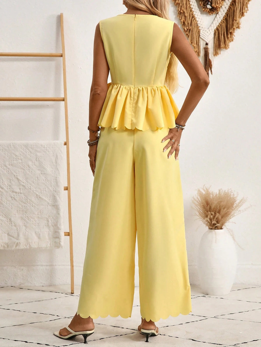 Yellow Two-Piece Wide Leg Pants Set – Scalloped Hem Bow Detail Women’s Outfit CJ Dropshipping Pants Outfit