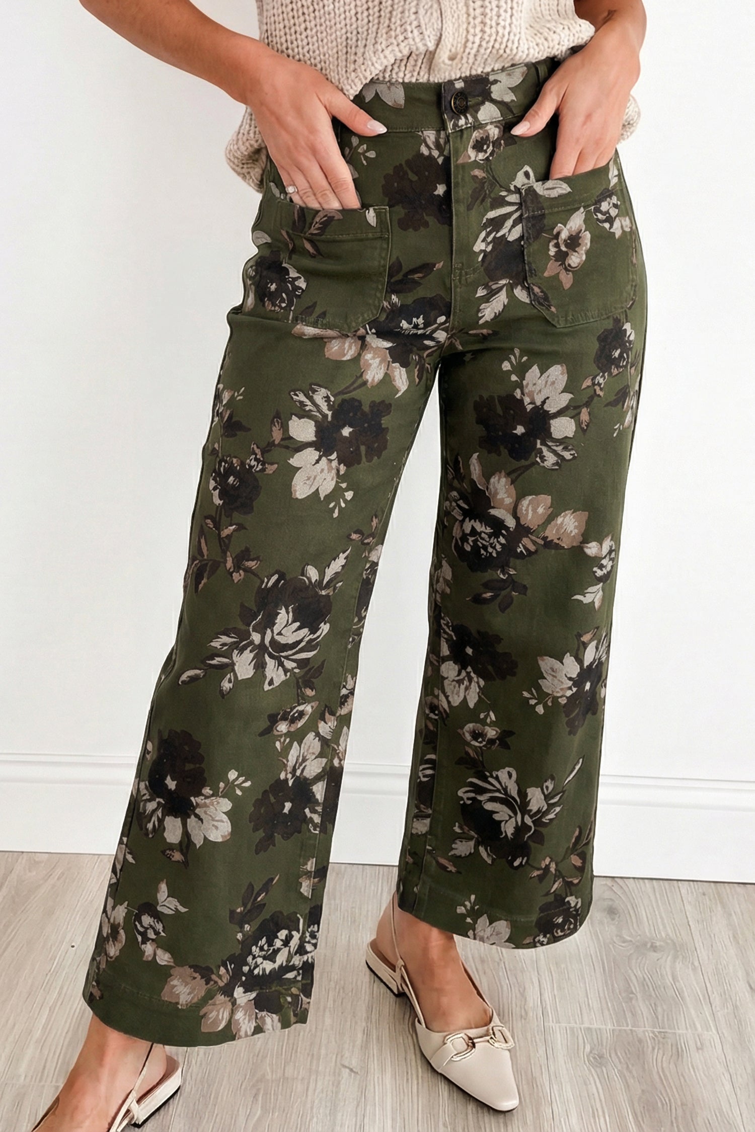 Green Vintage Floral Print Square Patch Pocket Raw Hem Shift Jeans Dear-Lover Dropshipping Bottoms/Jeans