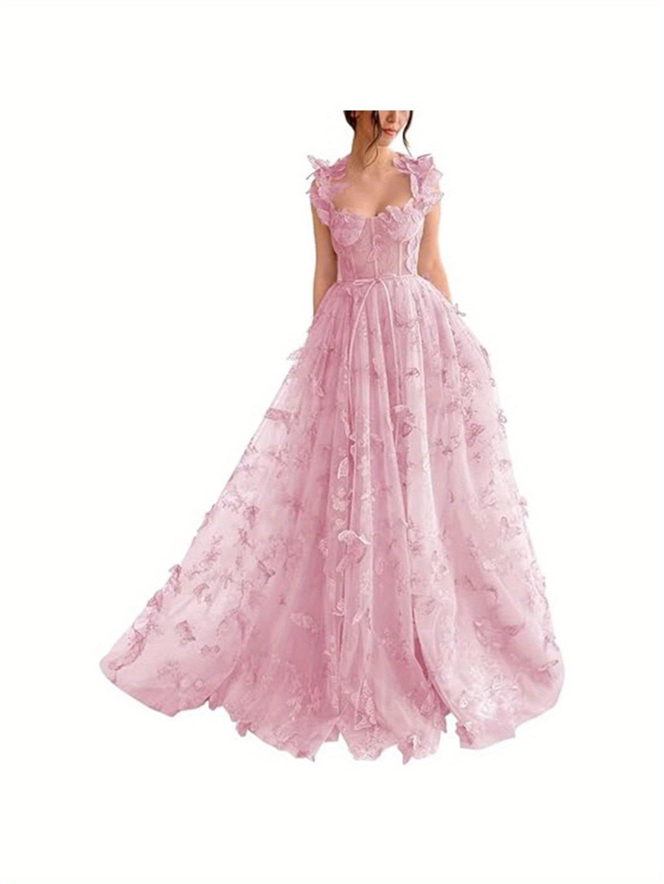 Elegant Long Sheer Flowy Floral & Butterfly Lace Gown