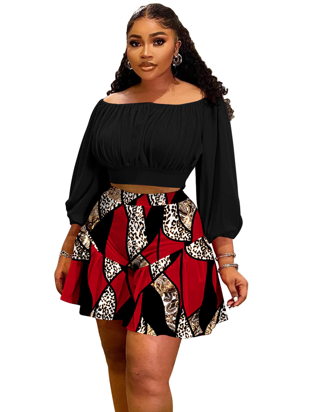 Plus Size Puff Sleeve Two-Piece Set – Off-Shoulder Crop Top & Wide Leg Shorts Outfit Black CJ Dropshipping Plus Size Off Shoulder 2pc Shorts Set