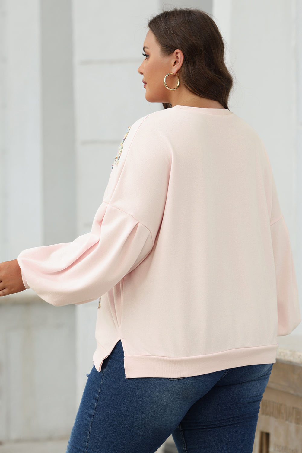 Parchment Embroidered Bow Lantern Sleeve Sweatshirt
