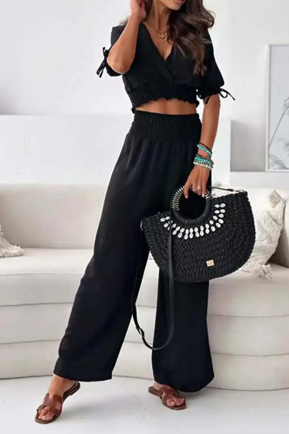 Surplice Short Sleeve Top and Pants Set Black Bazarre Mart Outfit