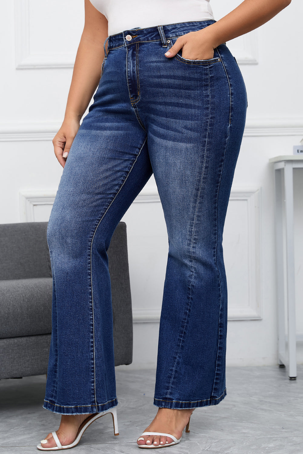 Dark Blue Washed Plus Size Flare Jeans