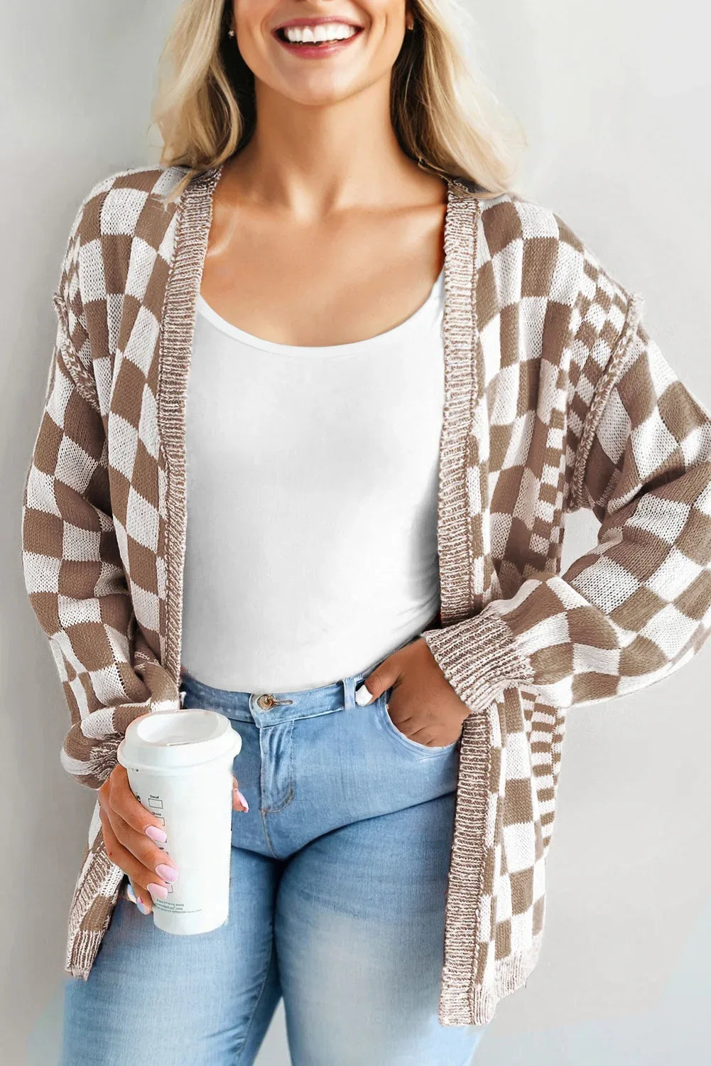 Checkered Bubble Sleeve Drop Shoulder Open Cardigan Brown 55%Acrylic+45%Cotton bazaare mart Plus Size/Plus Size Sweaters & Cardigans