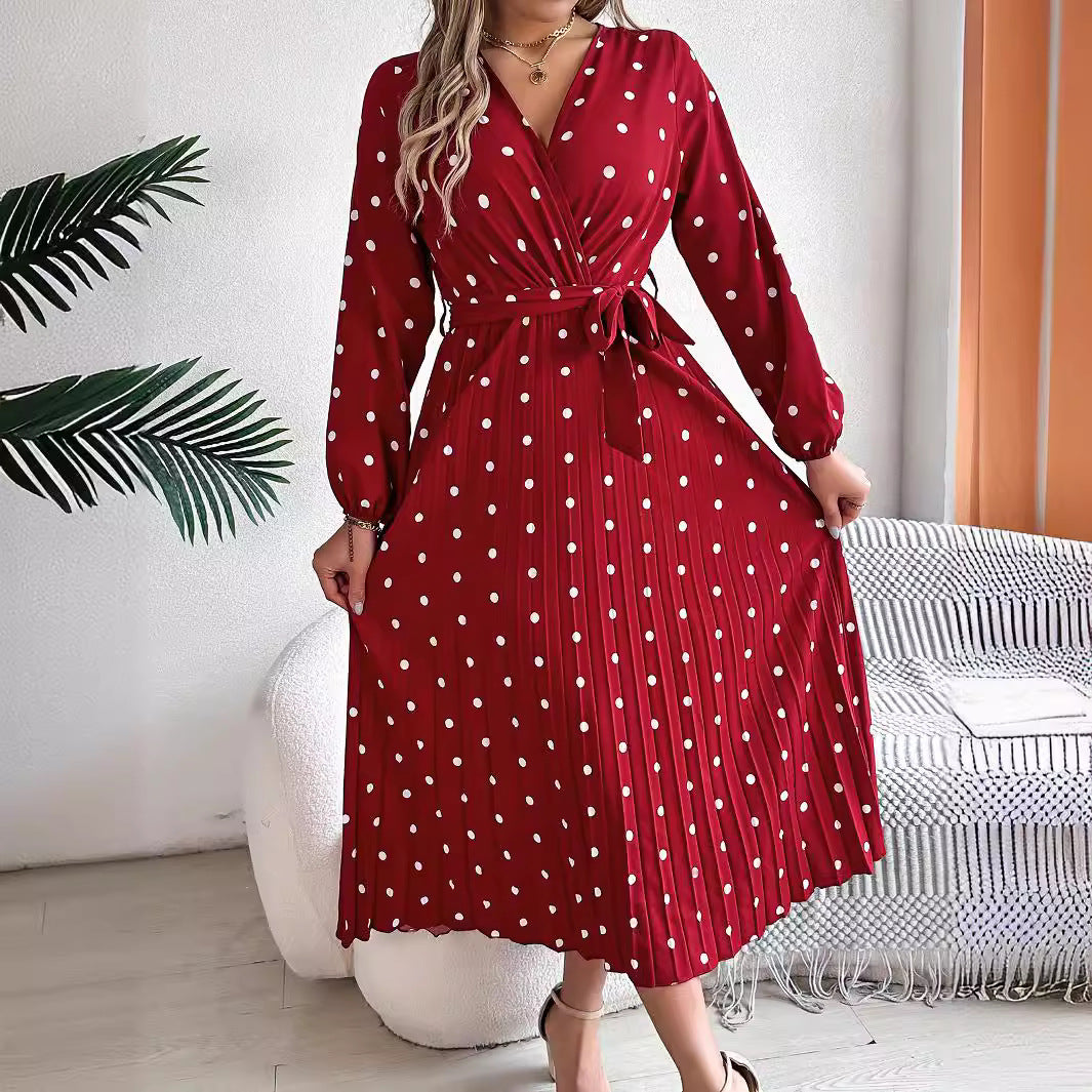 Elegant Polka Dot Pleated Maxi Dress – Cross V-Neck Long Sleeve Shirt Dress CJ Dropshipping Long Sleeve Polka Dot Midi Dress