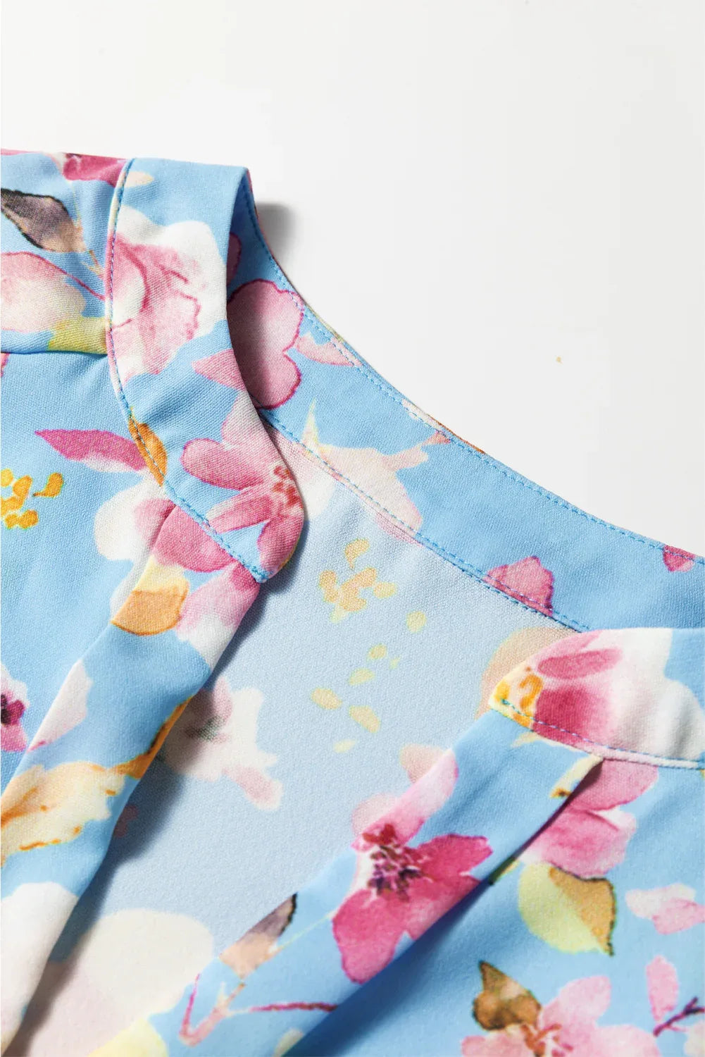 Blue Floral Smocked Cuff Long Flounce Sleeve V Neck Blouse - Bazaare Mart