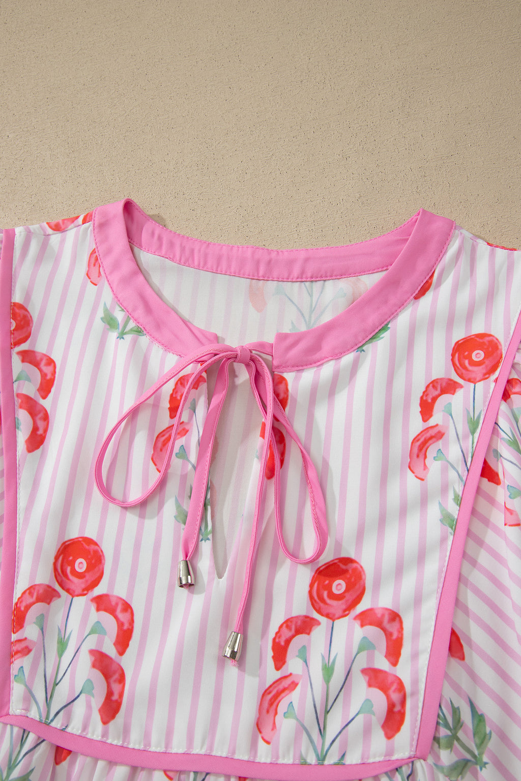 Pink Floral Striped Print Tie Notched Neck Puff Sleeve Flared Mini Dress Dear-Lover Dropshipping Dresses/Floral Dresses