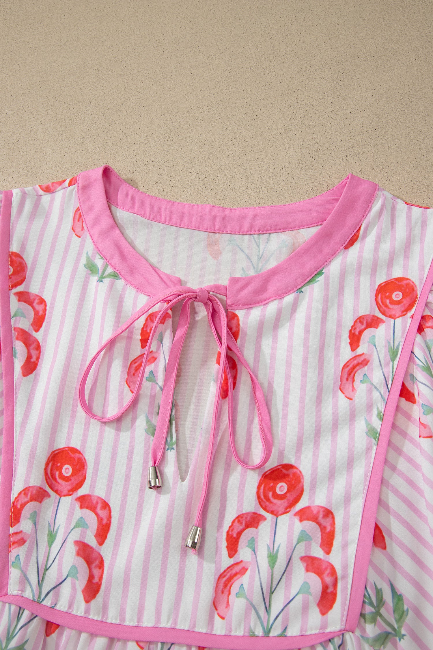 Pink Floral Striped Print Tie Notched Neck Puff Sleeve Flared Mini Dress Dear-Lover Dropshipping Dresses/Floral Dresses