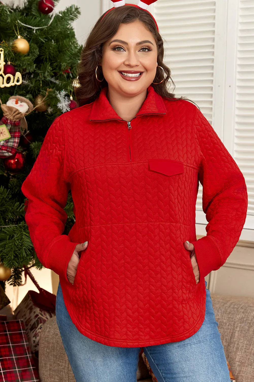 Red Cable Textured Quarter Zip Pocketed Pullover Bazaare Mart Plus Size/Plus Size Sweatshirts & Hoodies