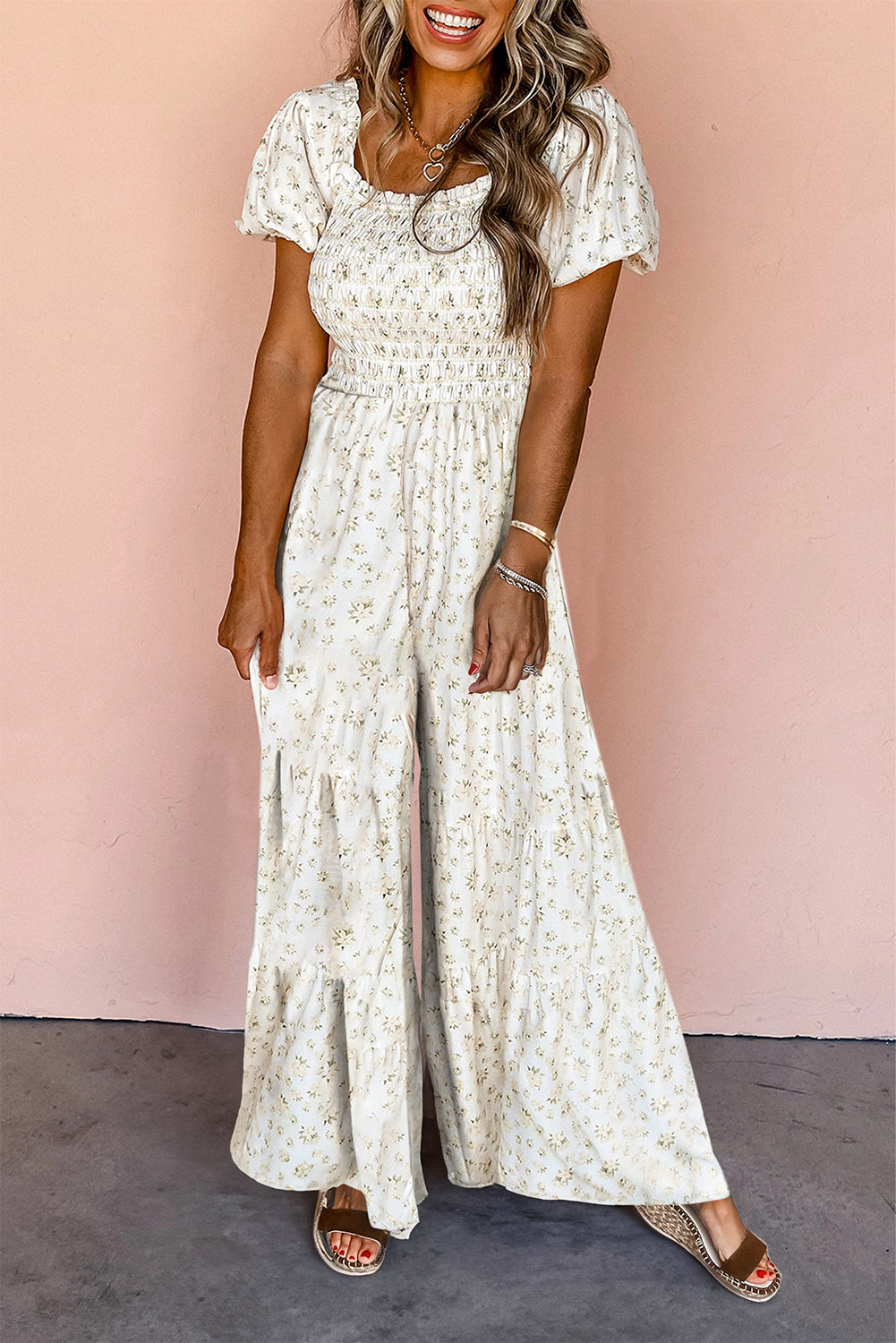 White Floral Smocked Wide Leg Short Puff Sleeve Jumpsuit
