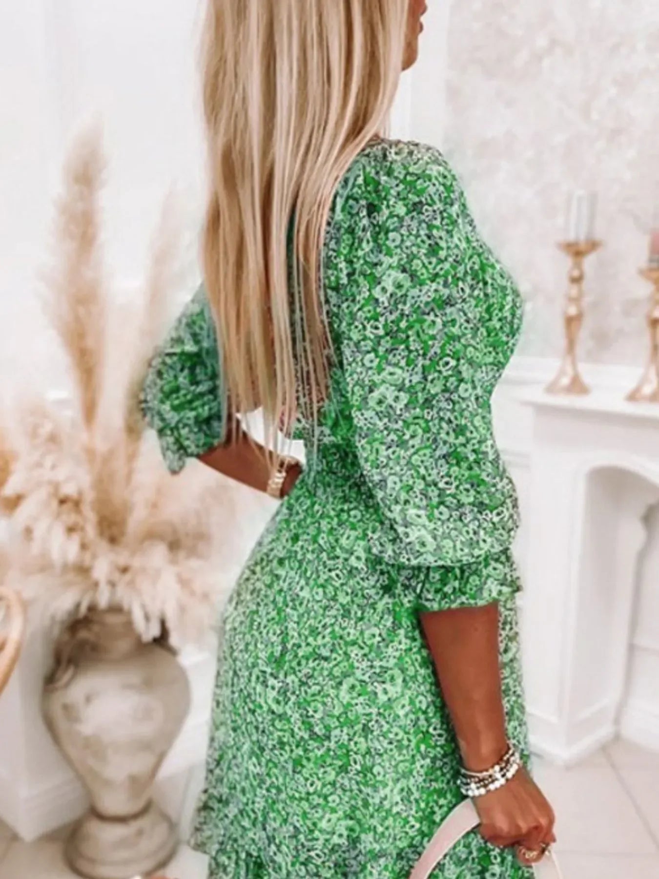 V-Neck Ruffled Hem 3/4 Sleeve Floral Dress Bazaare Mart Ruffled Hem Floral Dress Plus Size