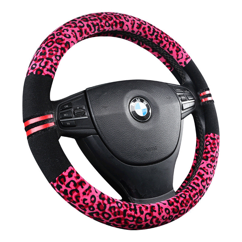 Winter Plush Pink Leopard and Leather Steering Wheel Covers