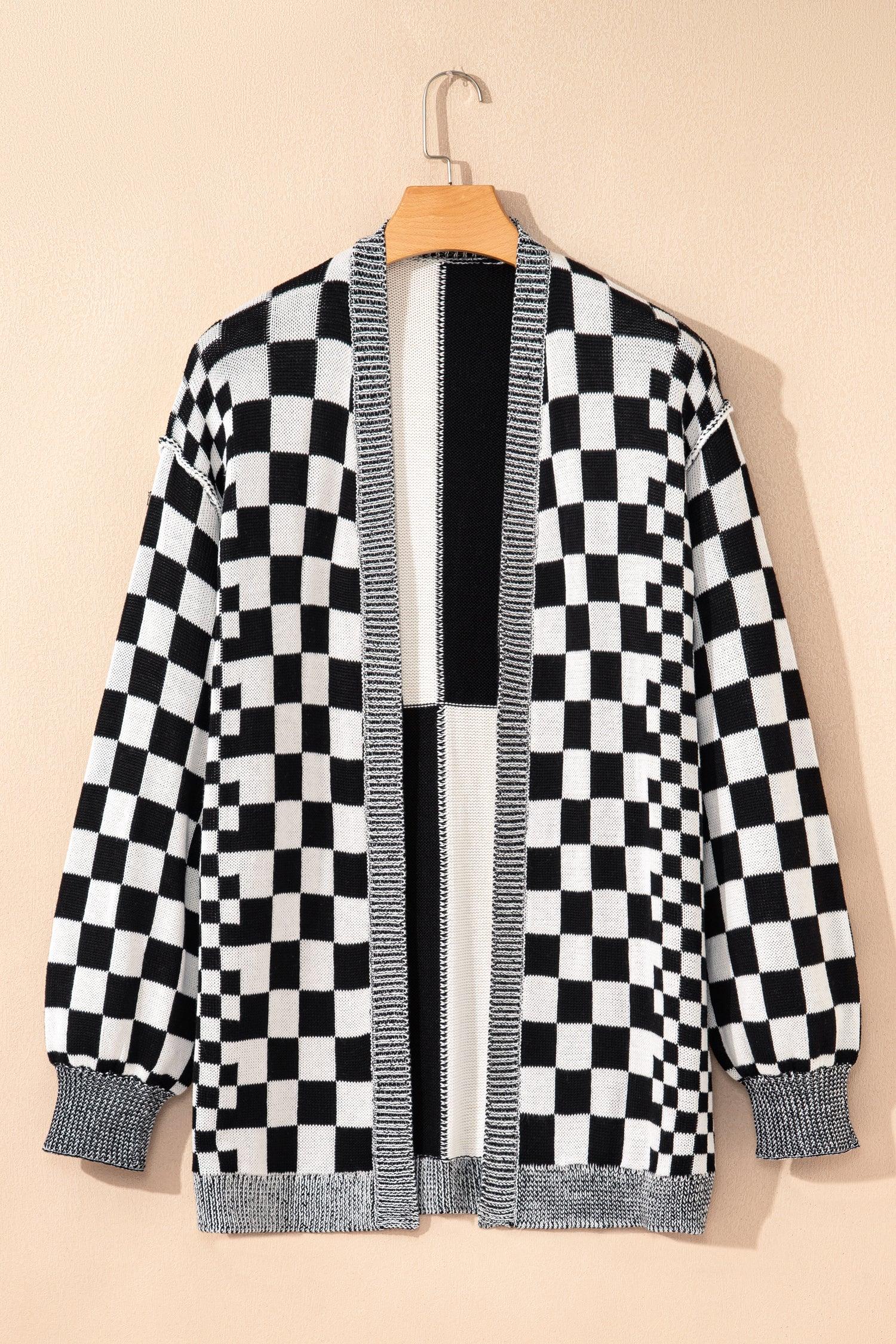 Checkered Bubble Sleeve Drop Shoulder Open Cardigan bazaare mart Plus Size/Plus Size Sweaters & Cardigans