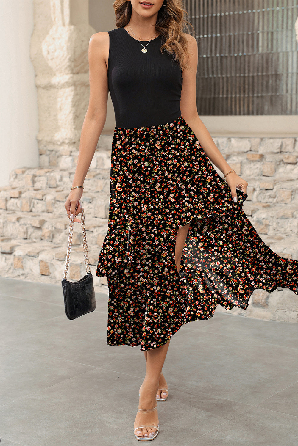 Black Floral Patchwork Asymmetric Ruffle Dress Shewin Midi Dresses