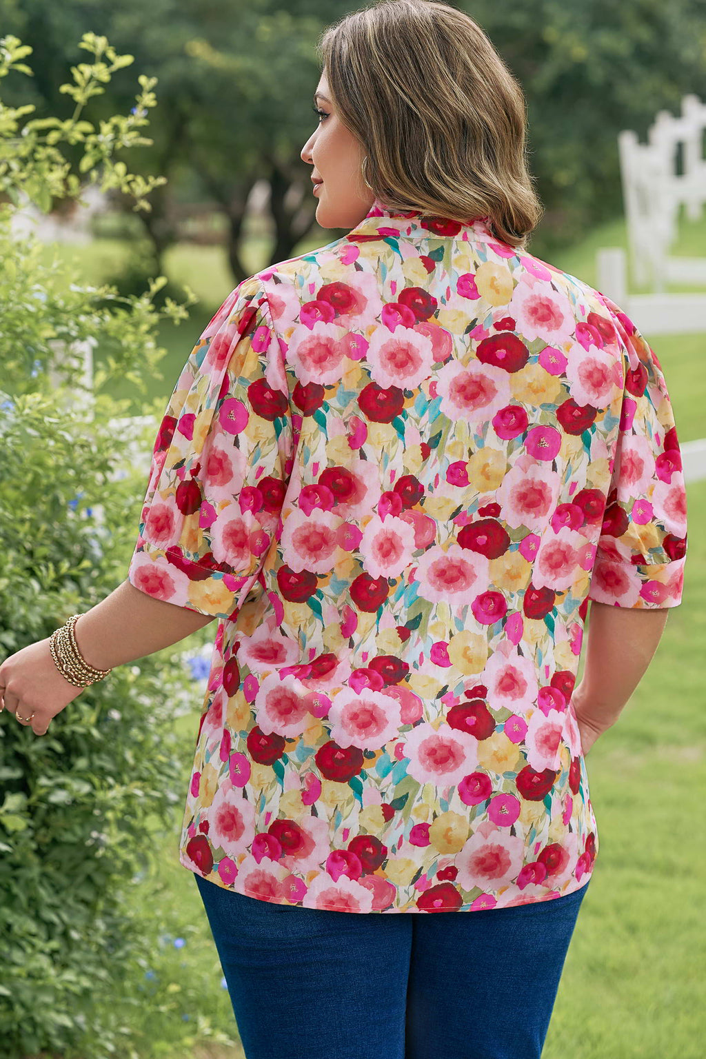 Plus Size Floral Split V-Neck Top – Puff Sleeve Button Detail Blouse Dear-Lover Dropshipping Plus Size/Plus Size Tops/Plus Size Blouses & Shirts