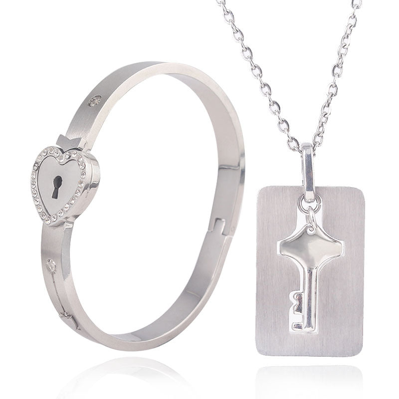 Couple's Love Lock Bracelet & Key Necklace Set