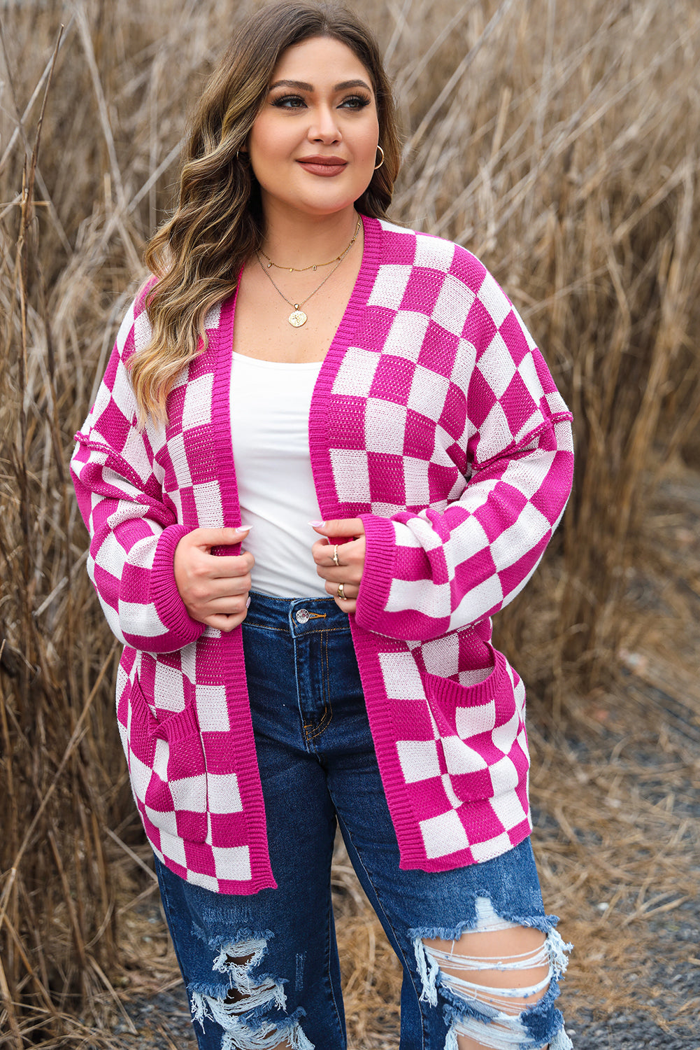 Bonbon Checkered Open Front Plus Size Cardigan