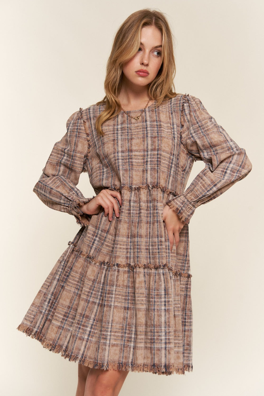 Washed Frayed Tiered Brown Plaid Dress