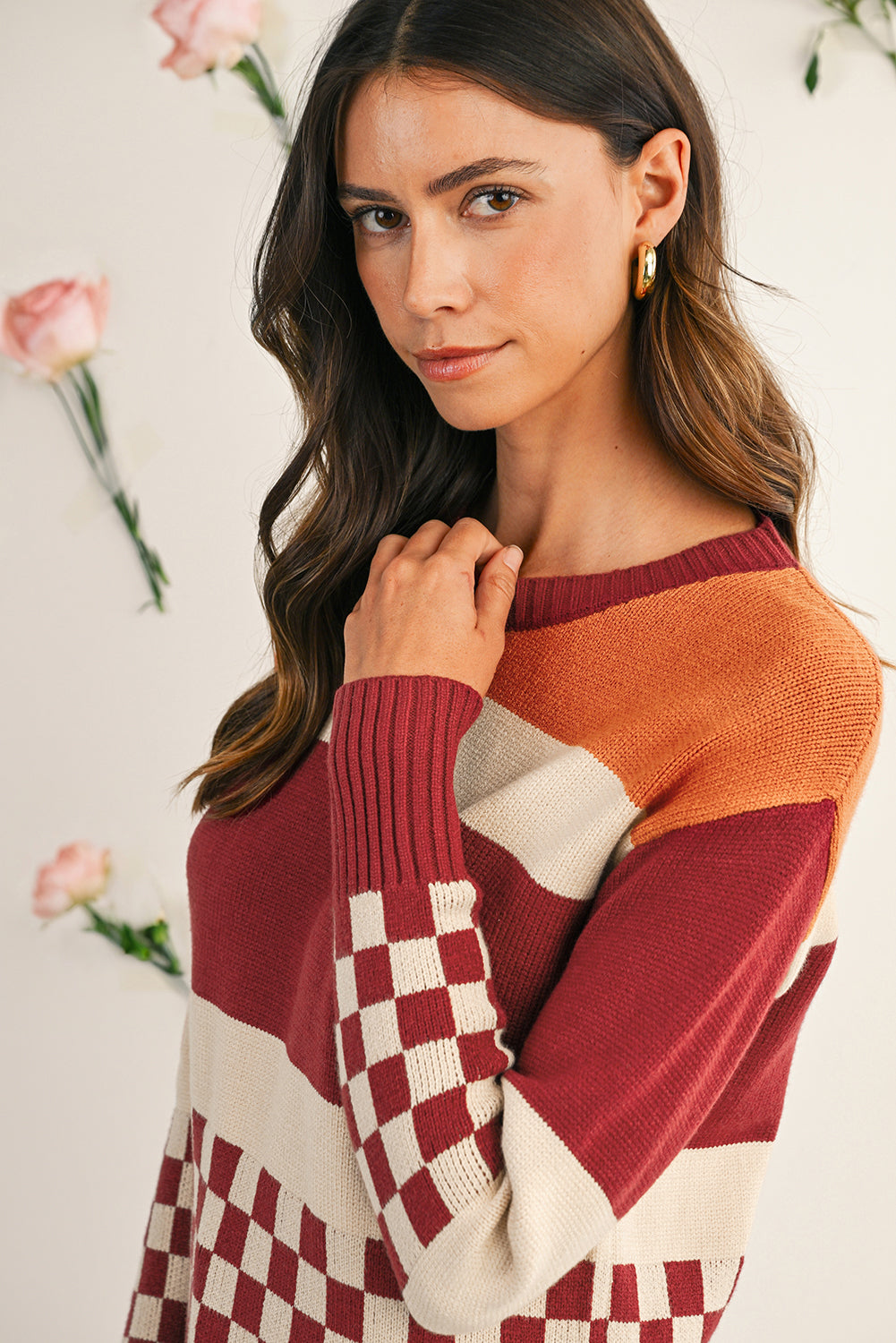 Brown Checkered Colorblock Knitted Drop Shoulder Sweater