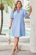 Light Blue Zipped Puff Sleeve Shirt Dress Beau Blue 97%Polyester+3%Elastane Bazarre Mart Plus Size/Plus Size Dresses/Plus Size Mini Dresses