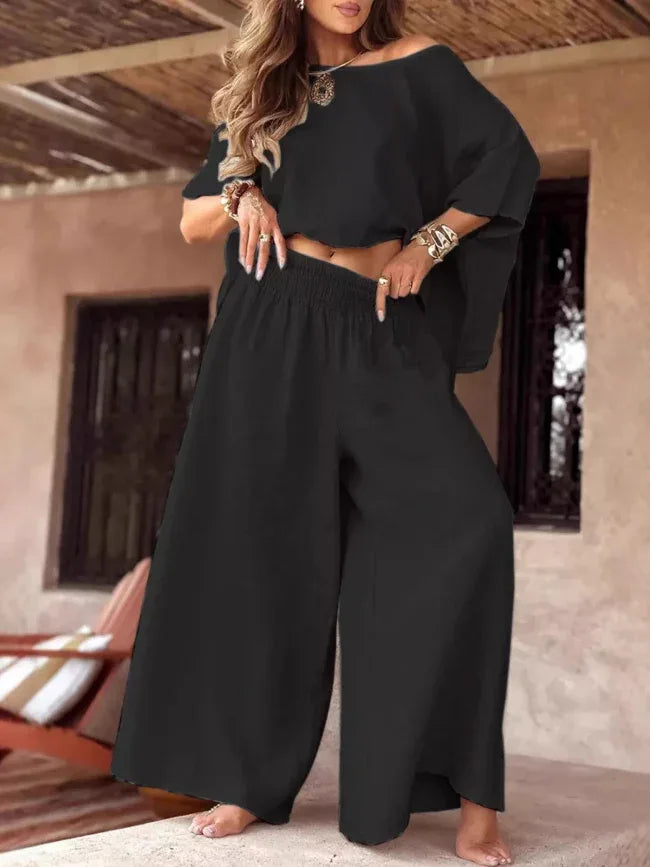 Boat Neck Top and Wide Leg Pants Set Bazaare Mart Wide Top and Pants Solid Color Outfit