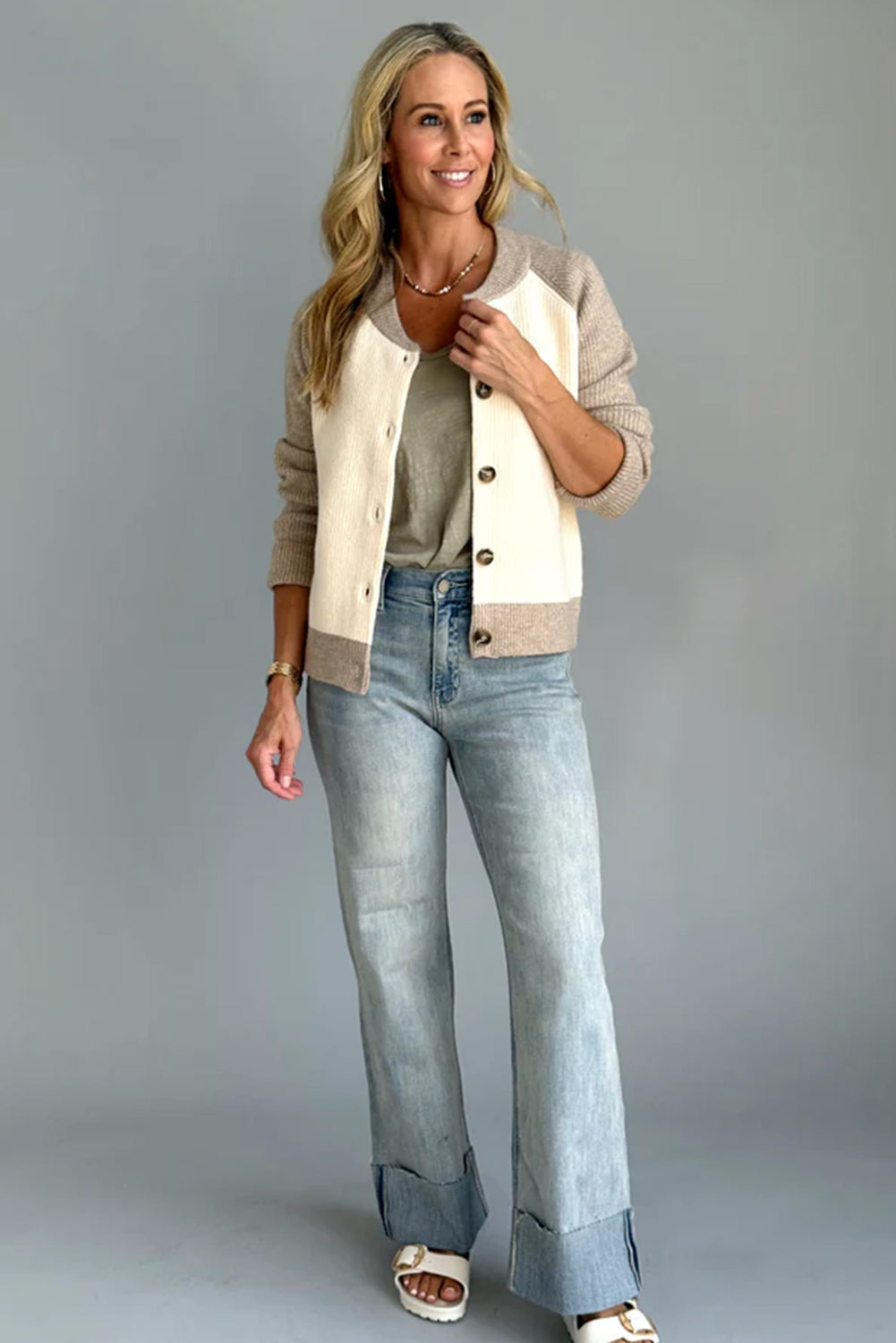 White Colorblock Button Front Cardigan Shewin Cardigans