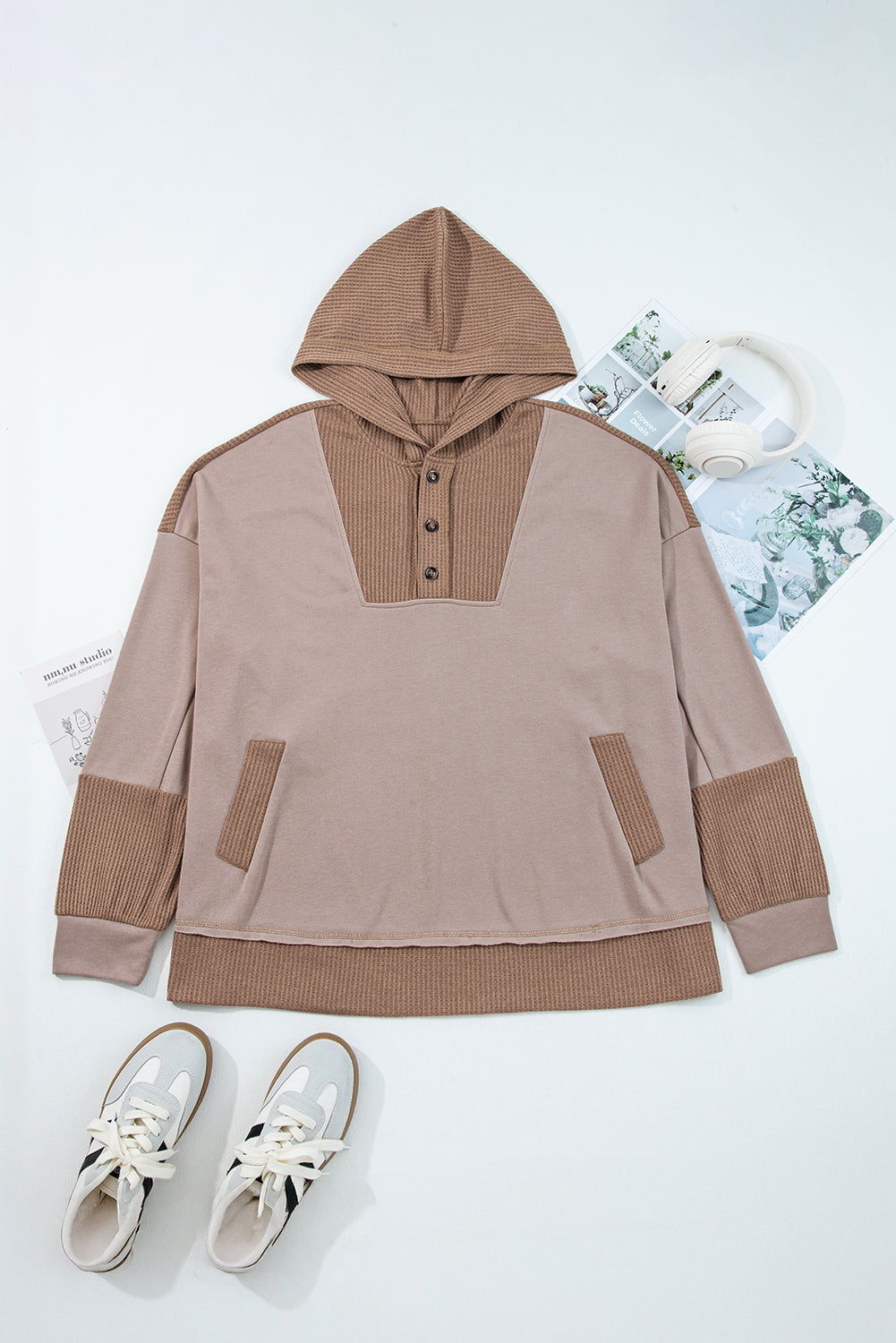 Goat Waffle Contrast Patchwork Plus Size Pocketed Hoodie Bazaare Mart Plus Size/Plus Size Sweatshirts & Hoodies