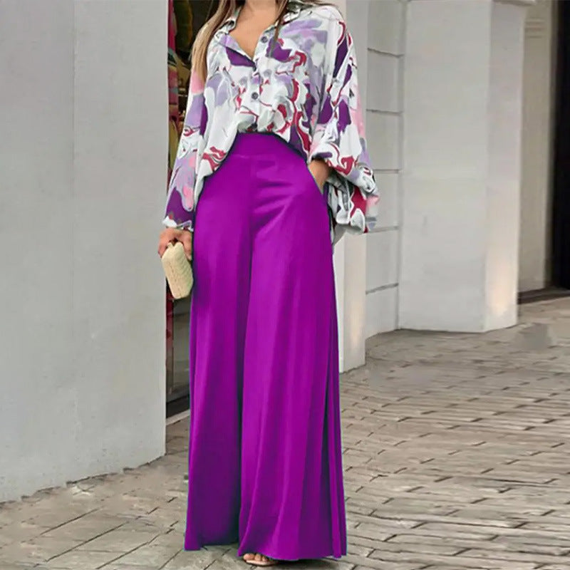 Loose & Printed Blouse and Coordinating Wide Leg Solid Color Pants Set CJ Dropshipping Loose Blouse and Pants Set