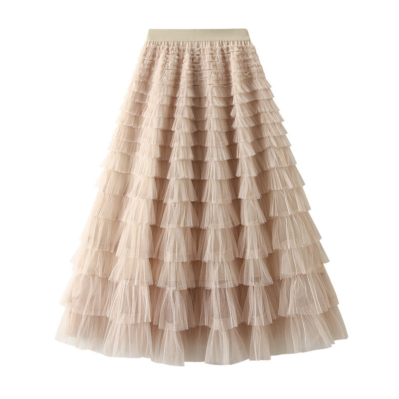 Apricot A-Line Mesh Ruffle Skirt