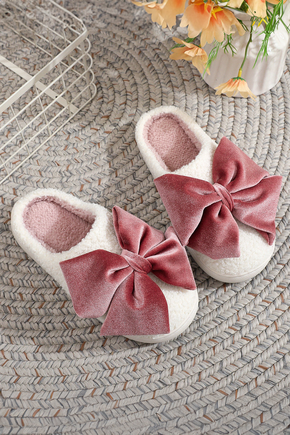 Pink Bow Fuzzy White Slippers