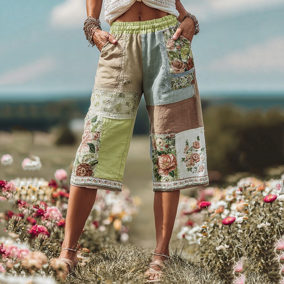 Women’s Retro Floral Patchwork Casual Capri Shorts – Boho Printed Wide Leg Pants DZ222418 FY Khaki CJ Dropshipping Patchwork Capris