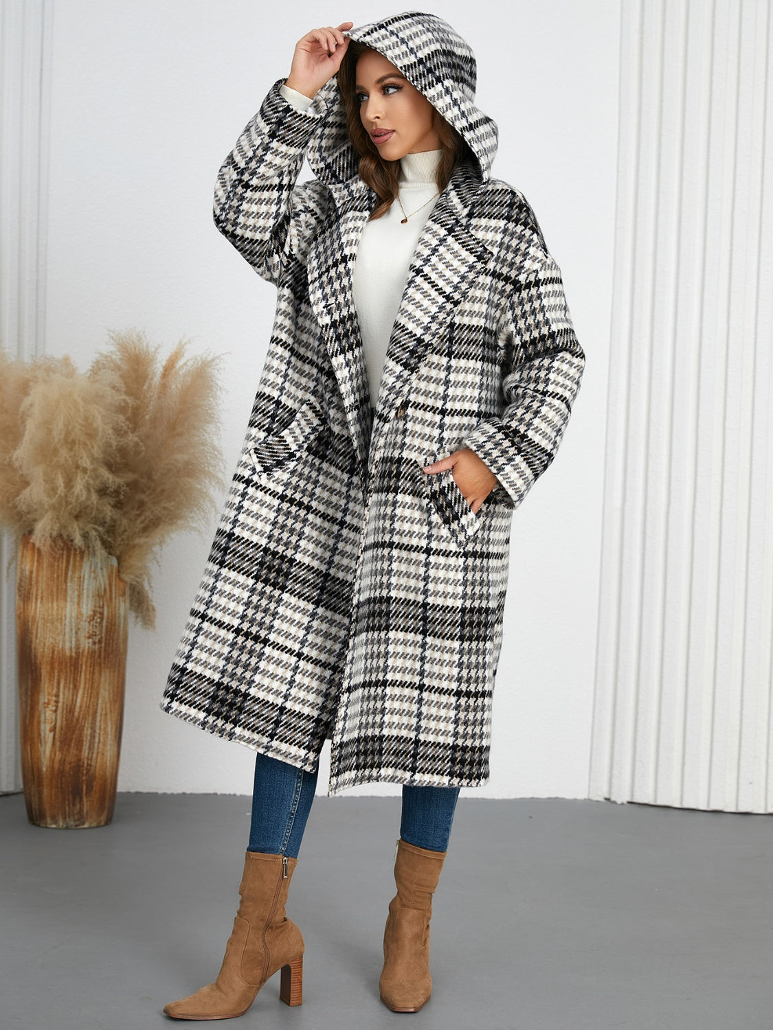 Plaid Double-Breasted Hooded Dress Coat