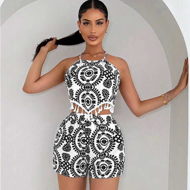 Women’s Black & White Geo Print Halter Top & Shorts Set – Tassel Backless Summer Outfit White CJ Dropshipping Halter Shorts Set