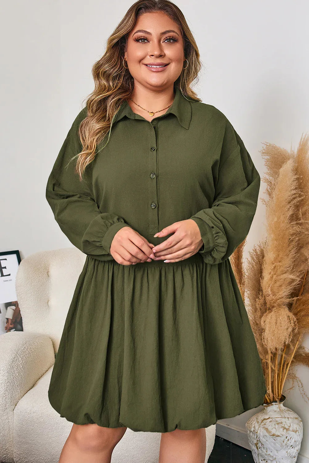 Olive Green Collared Half Button Long Sleeve Ruffle Hem Mini Dress Bazaare Mart Plus Size/Plus Size Dresses/Plus Size Mini Dresses