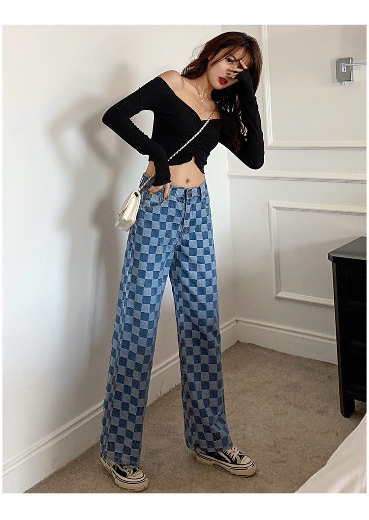 Women's Blue Checker Jeans
