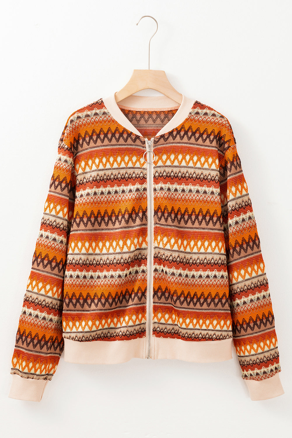 Orange Boho Striped Zip Up Jacket