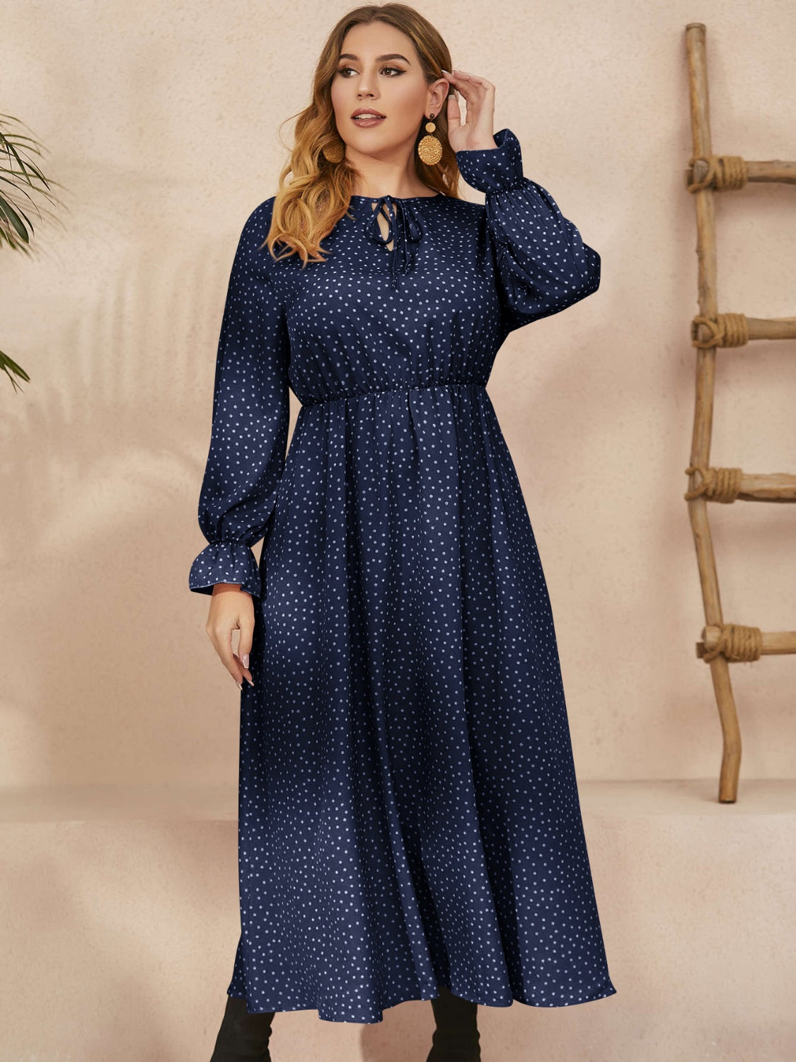 Navy Ruffled Polka Dot Long Sleeve Midi Dress