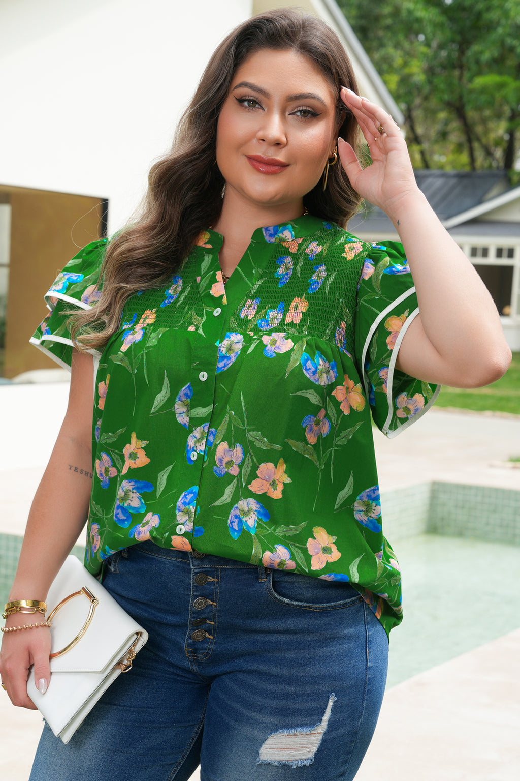 Green Floral Plus Size Button-Down Blouse
