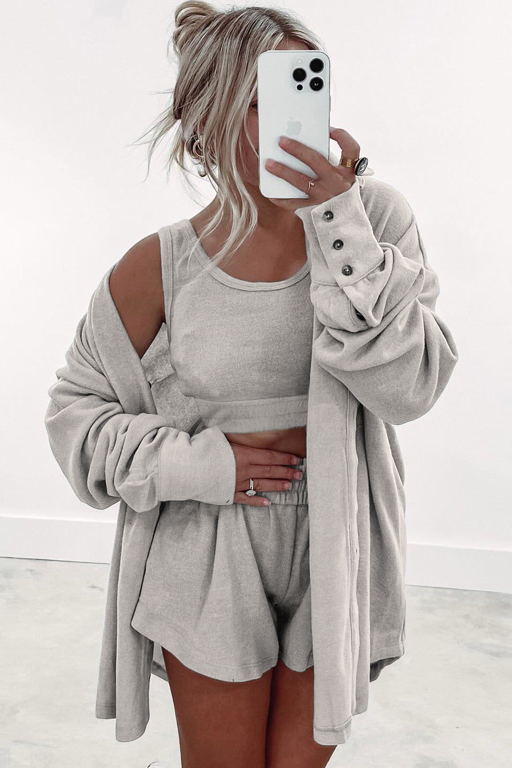 Gray 3 Pc Crop Tank Top Shorts with Cardigan Lounge Set
