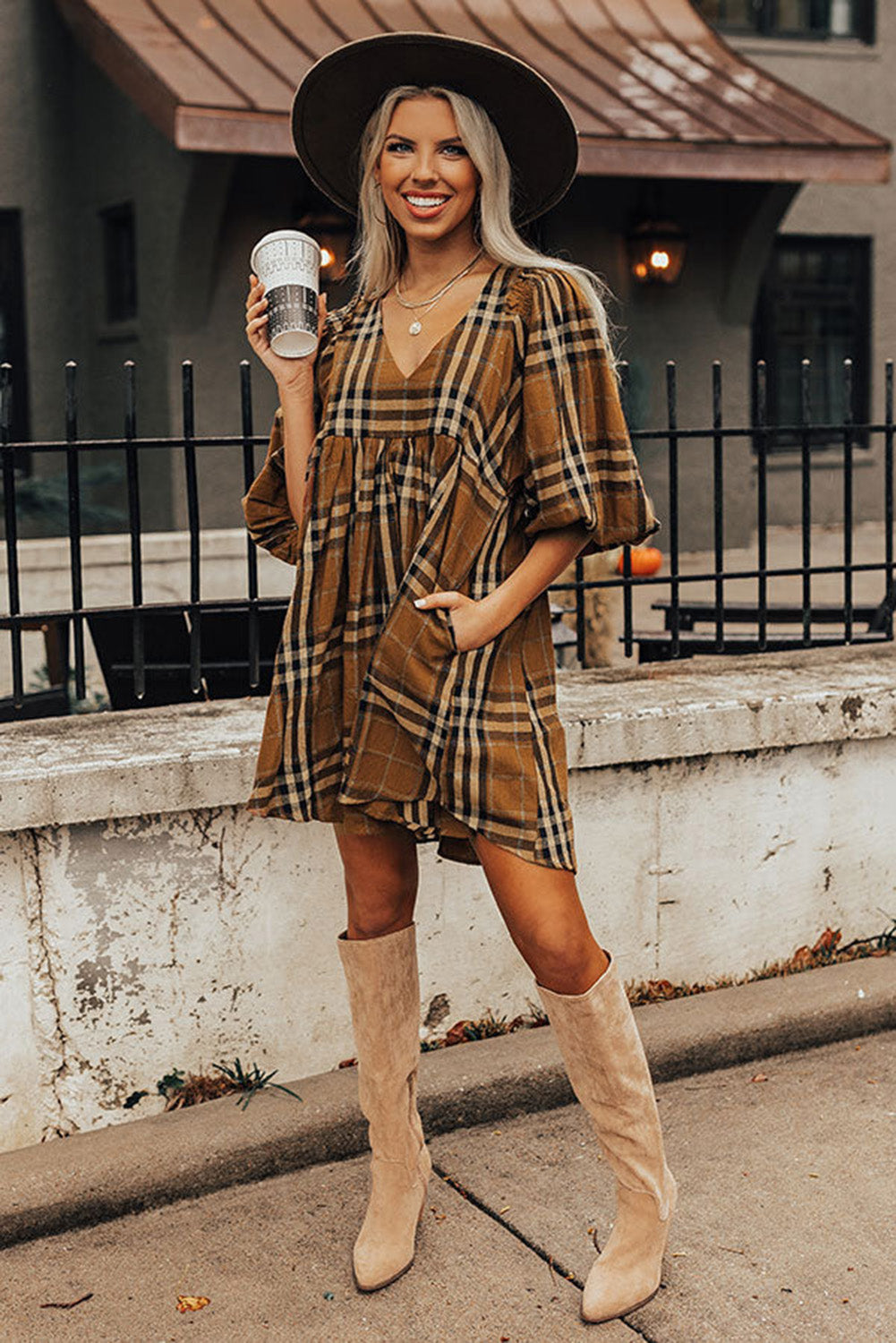 Brown Plaid Plus Size A Line Dress