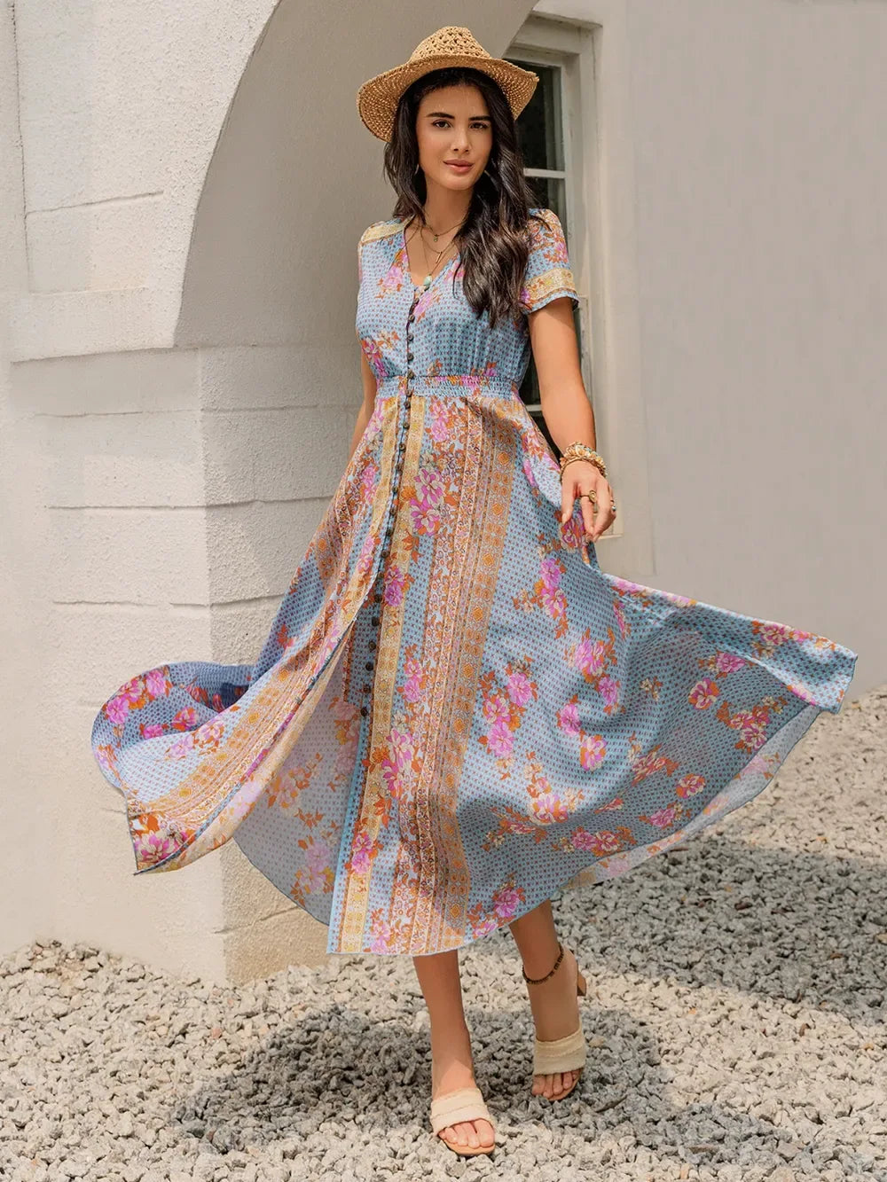 Smocked Floral V-Neck Short Sleeve Midi Dress Bazaare Mart Smocked Floral V-Neck Short Sleeve Midi Dress
