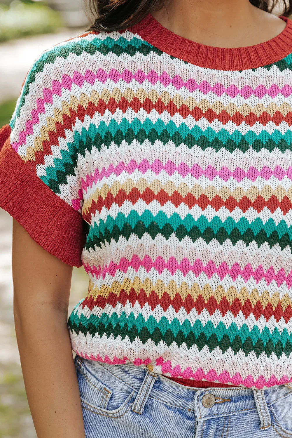 Fiery Red Trimmed Ruffle Sleeve Colorful Textured Sweater Dear-Lover Dropshipping Sweaters & Cardigans/Short Sleeve Sweaters