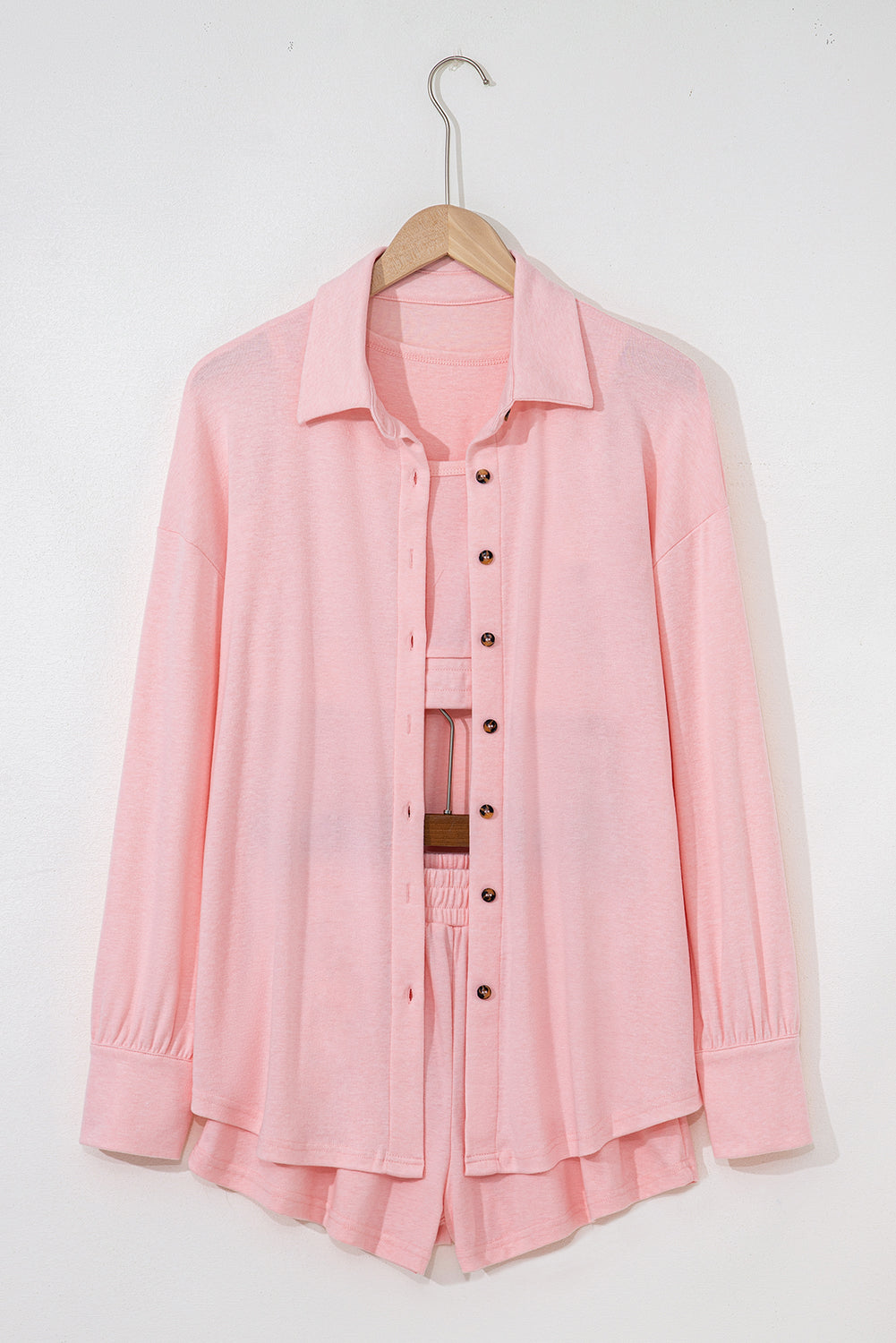 Light Pink 3 Pc Crop Tank Top Shorts with Cardigan Lounge Set