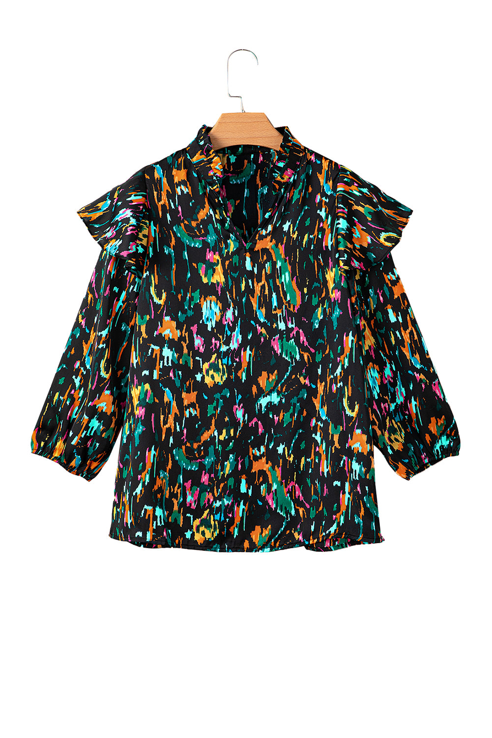 Multicolour Abstract Print 3/4 Puff Sleeve Ruffle Blouse