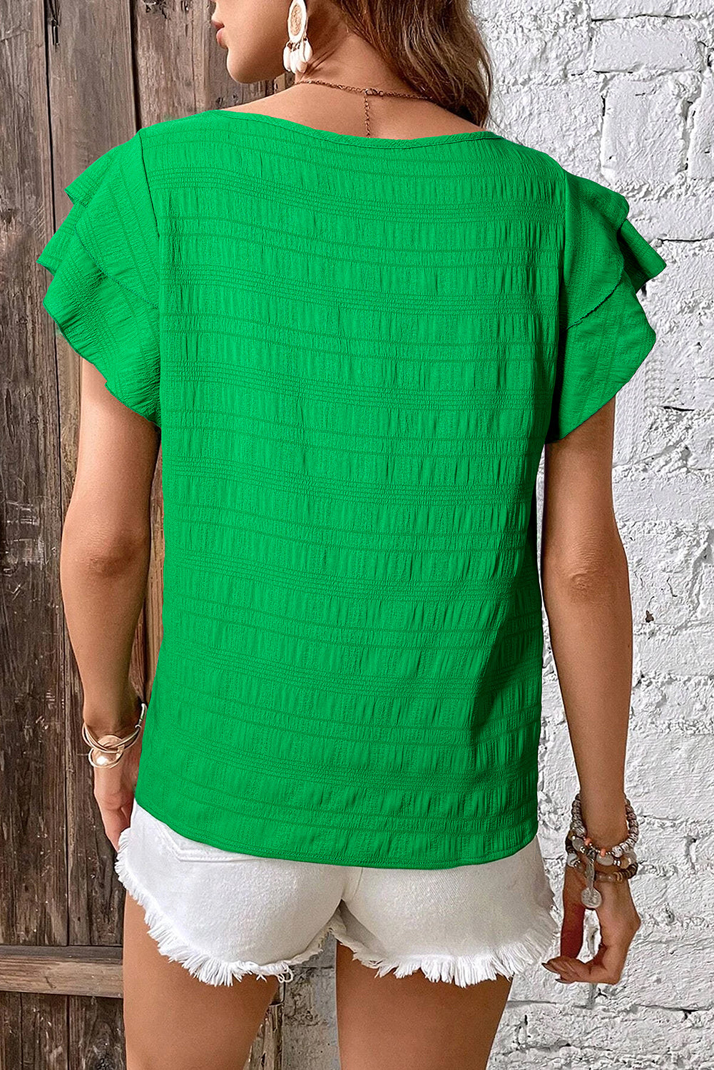 Green Textured Ruffled Sleeve Round Neck Top