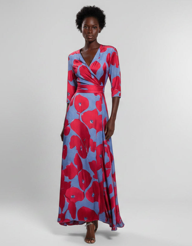 Classy Floral 3/4 Sleeve Peplum V-neck Maxi Dress CJ Dropshipping Elegant Floral Maxi Dress