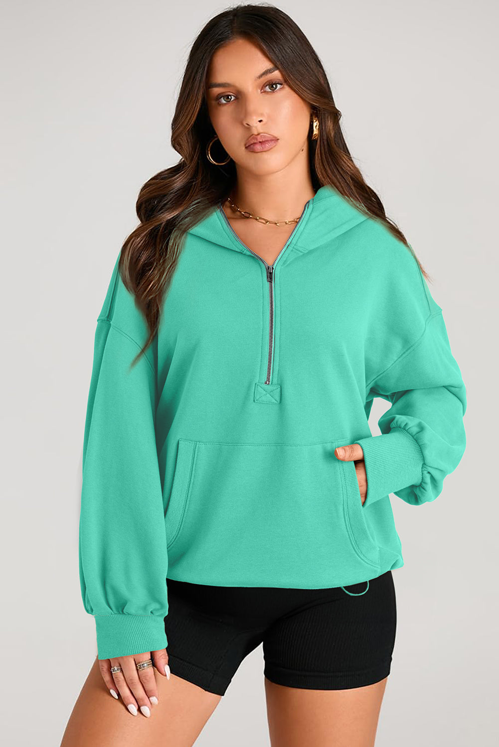 Teal Half Zipper Oversized Hoodie
