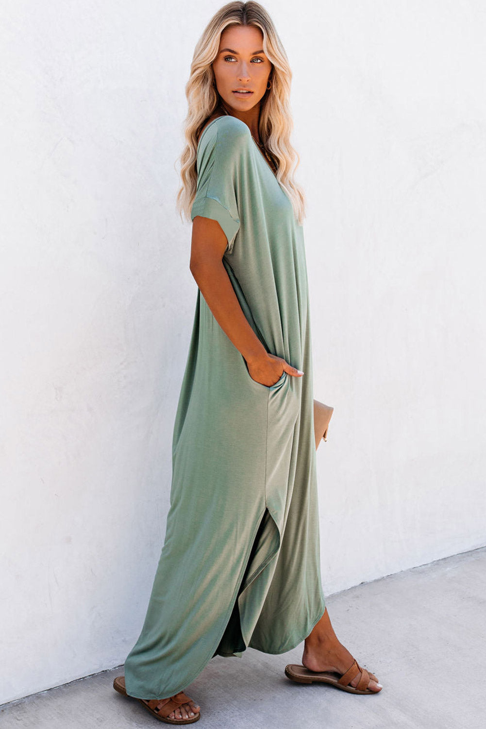 Sage V-Neck Hidden Pocket Splits Maxi T-shirt Dress